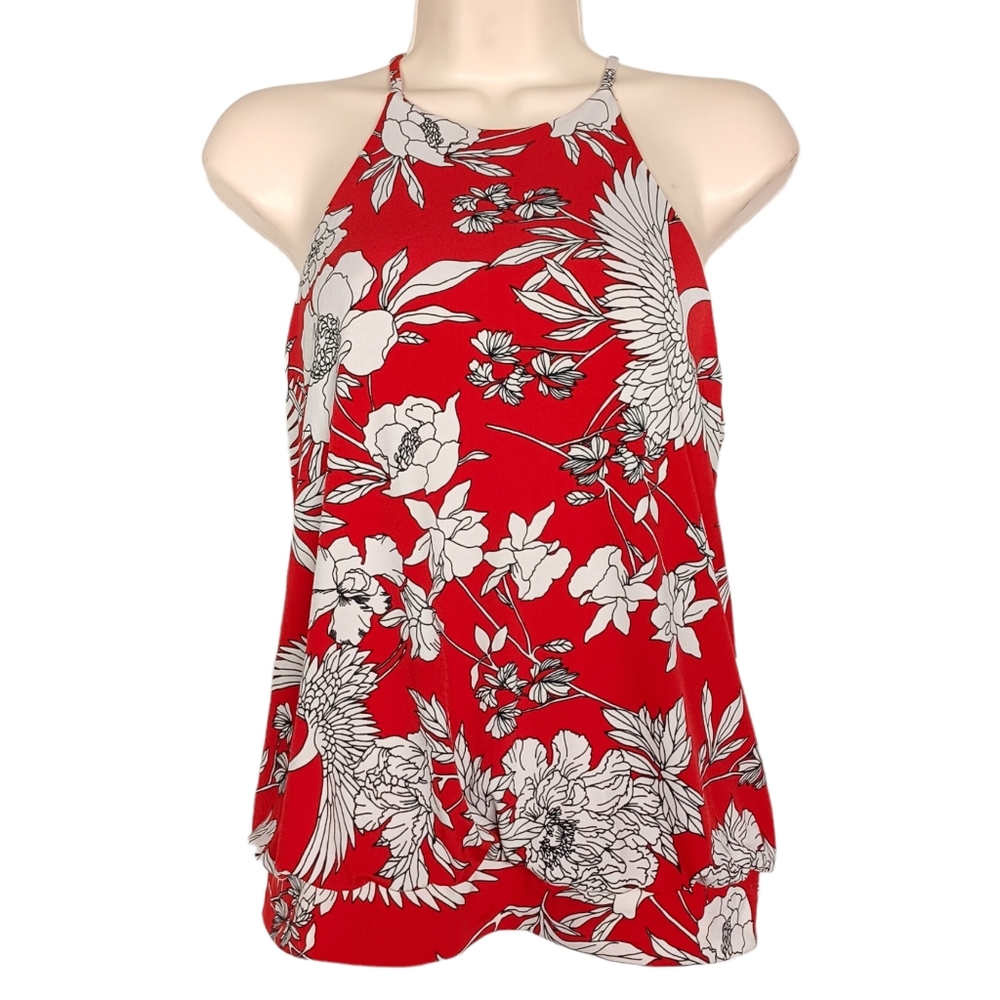 EXPRESS White Black Floral Print Sleeveless Keyhole Stretchy Red Top X-Small